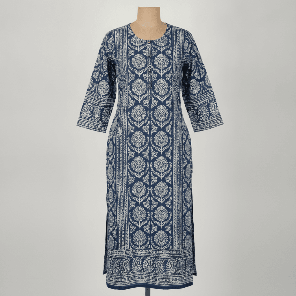Cotton Straight Kurti — Indigo Block Print